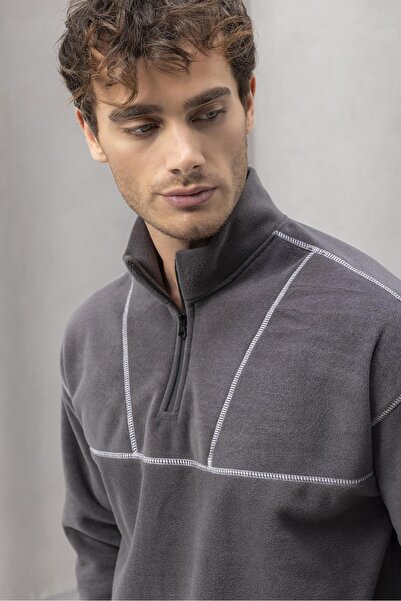 Valiberta Hanorac pentru bărbați din fleece cu jumătate de fermoar, cu dungi în dungi Crowe - afumat