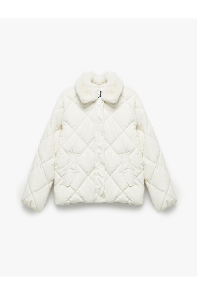 Koton Faux Fur Collar Long Sleeve Zipper Pocket Quilted Jacket