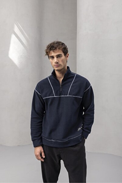 Valiberta Мъжка суитшърт Crowe Striped Oversized Half-Zip Polar - тъмно син