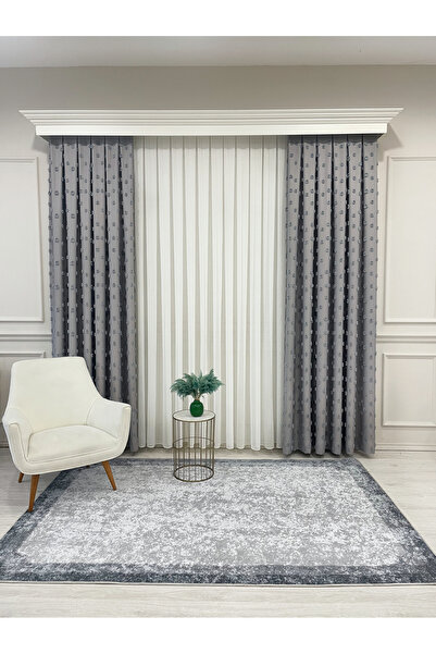 Brillant Gray Color Pompom Pufy Background Curtain 1/3 Sik Pleat