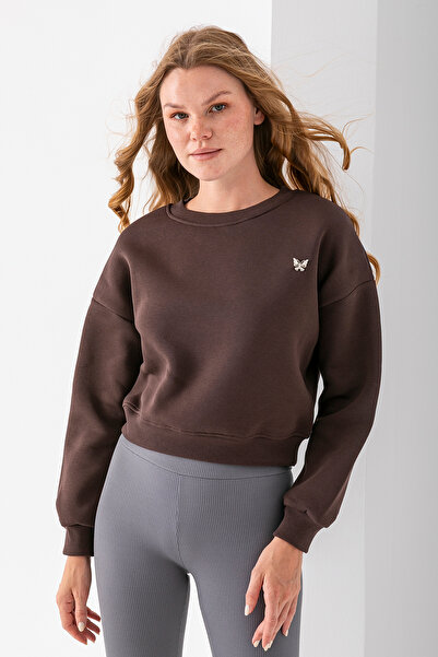 GİYSA Γυναικείο φούτερ με λαιμόκοψη με αξεσουάρ πεταλούδας 3 κλωστών καφέ - 2670