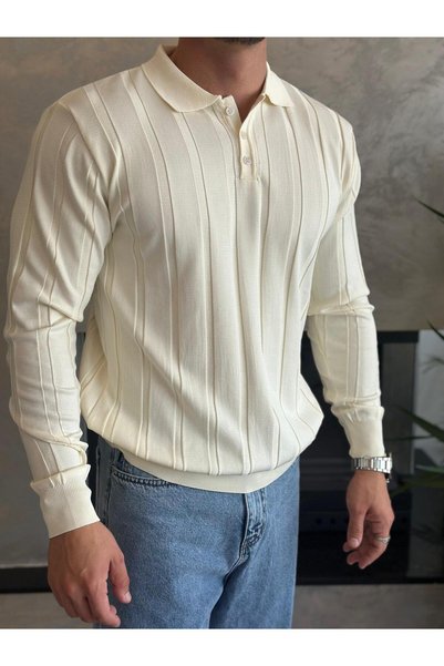 ECARTS Men's Regular Fit Button Closure Ribbed Knit Sweater Cream Eca048