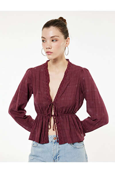 Koton Μακρυμάνικη μπλούζα με λαιμόκοψη V με μείγμα βισκόζης με κορδόνια