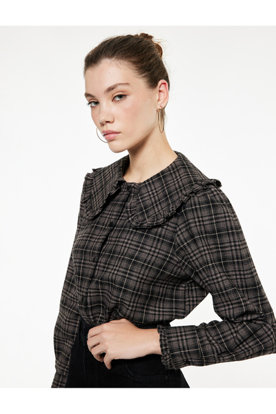 Koton Viscose Blend Ruffled Baby Collar Long Sleeve Buttoned Plaid Shirt