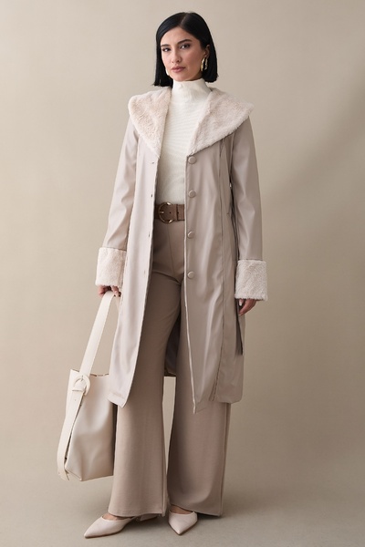 InStyle Kürk Detaylı Bej Deri Trençkot