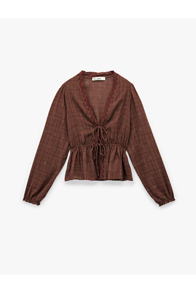 Koton Long Sleeve V Neck Viscose Blend Lace-Up Fisto Blouse