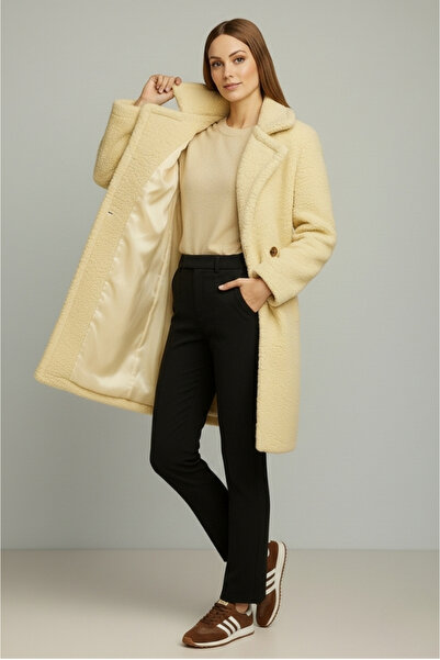 ZEYNEP RANA Women's Lined Pocketed 2-Button Plush Coat