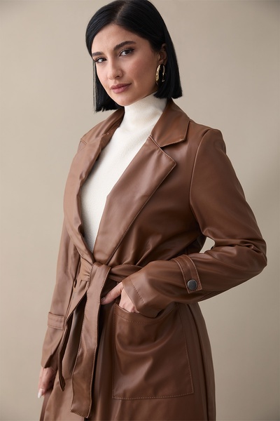 InStyle Anyora Double Breasted Collar Leather Trench - Tan