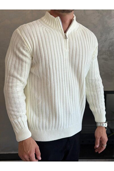 ECARTS Men's Thessaloniki Knitted Textured Zipper Collar Cotton Knitwear Sweater White Eca045
