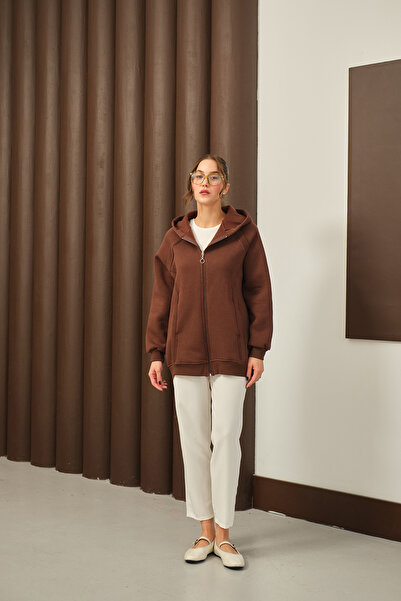 LOCCO Women's Sweater Detail Hooded Cardigan Brown