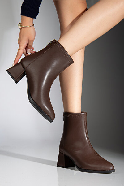 guijarro Deri Bootie Kadın | Kahverengi Kare Blok Topuk | Arkadan Fermuarlı | Şık Bilek Bot