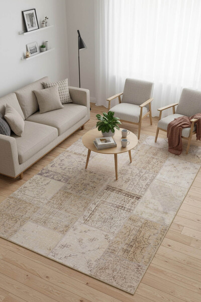 ARTLOOP Jazz Patchwork Desenli Dokuma Taban Dekoratif Bej Halı AL 15