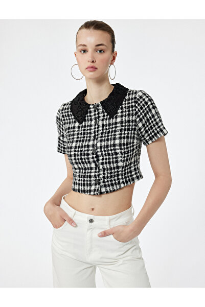 Koton Κοντομάνικο πουκάμισο με κουμπιά στρογγυλός γιακάς καρό τουίντ με λεπτή...