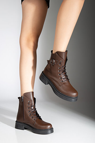 guijarro Kahverengi Bağcıklı Tokalı Bot Kadın | Günlük Kullanım | Kalın/Tırtıklı Taban Combat Bootie