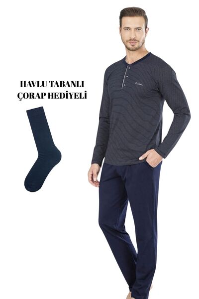 Pierre Cardin Чоловічий комплект піжами з трикотажу синього кольору з шкарпетками в подарунок