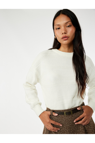 Koton Pulover de tricot cu mânecă lungă cu cusături cu guler rotund