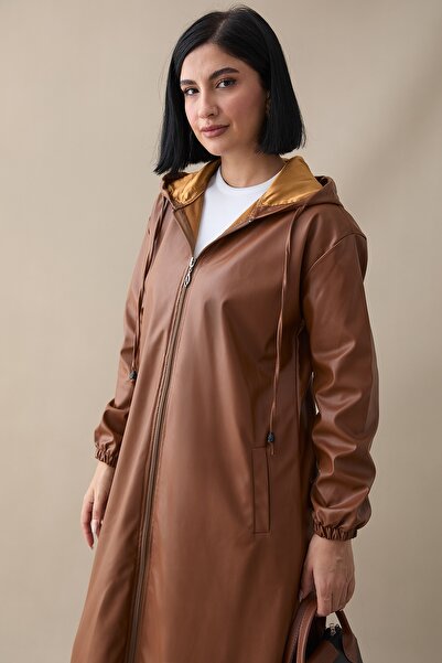 InStyle Kapüşonlu Uzun Deri Kap - Taba