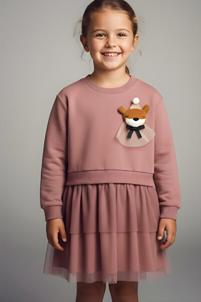 Eray Kids Kız Çocuk Çıkarılabilir Oyuncak Detaylı Tüllü Sweatshirt Mürdüm Elbise (3-4-5-6 Yaş)