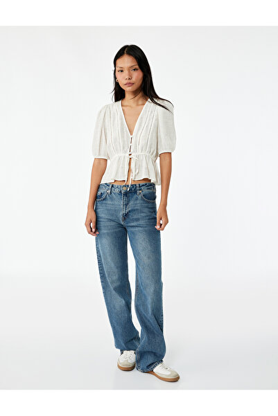 Koton V-Neck Viscose Blended Short Balloon Sleeve Embroidery Tie-Up Detail Blouse