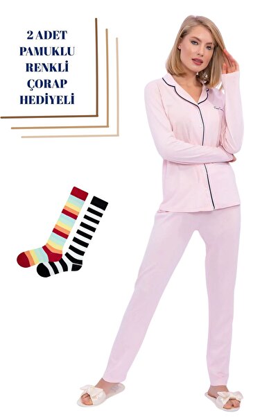Pierre Cardin Kadın Gömlek Yaka Kutulu Toz Somon Pijama Takımı 2 Adet Çorap Hediyeli