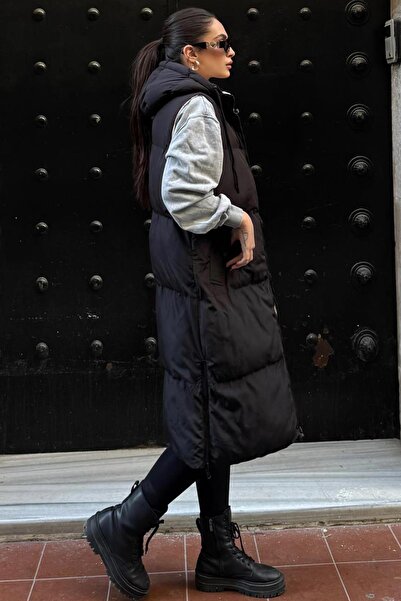 Olcay Hooded Zipper Closure Double Sided Inflatable Vest BLACK-STONE 8226