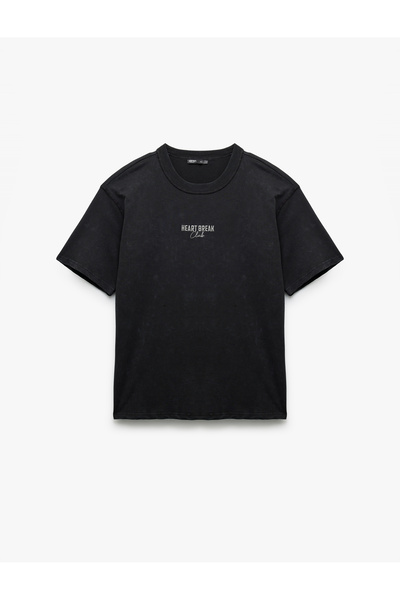 Koton Pamuklu Kısa Kollu Bisiklet Yaka Tok Kumaş Baskılı Yıkamalı Oversize Tişört