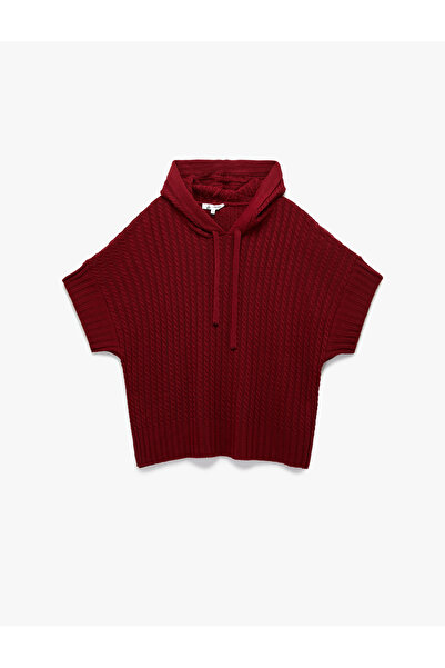 Koton Wide Short Sleeve Hooded Hair Braid Textured Knitwear Oversize Poncho