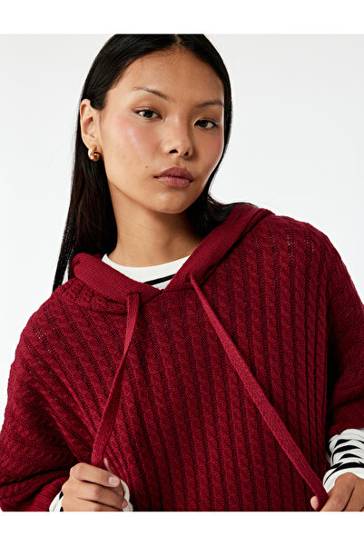 Koton Wide Short Sleeve Hooded Hair Braid Textured Knitwear Oversize Poncho