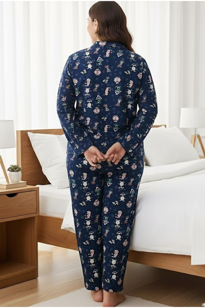 Siyah İnci Navy Blue Penguin Christmas Themed Large Size Oversized Buttoned Knitted Cotton Pajama Set7617