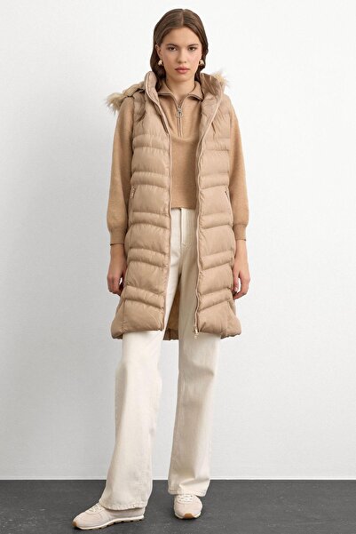 Olcay Furry Removable Hooded Inflatable Vest Stone 8192