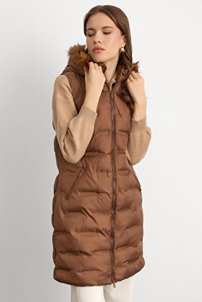 Olcay Removable Hooded Patterned Inflatable Vest Taba 8210