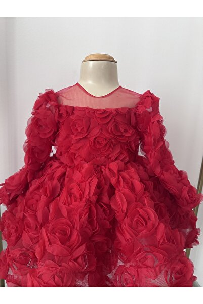 İlknur Karaca Design Kırmızı yumuşak güllü trend kız çocuk uzun kollu özel gün doğum günü elbisesi