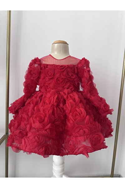 İlknur Karaca Design Kırmızı yumuşak güllü trend kız çocuk uzun kollu özel gün doğum günü elbisesi