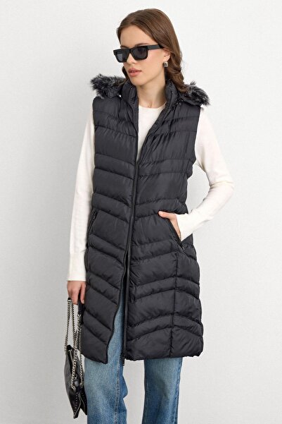 Olcay Pelzige abnehmbare aufblasbare Kapuzenweste Schwarz 8192