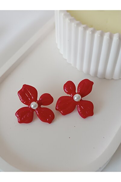 La fee aksesuar çelik küpe aparat - kırmızı çiçek inci detay özel tasarım polimer kil küpe
