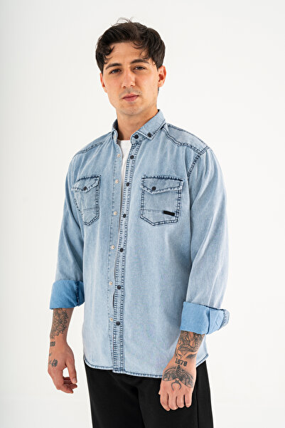 Souris Erkek Buz Mavisi Slim Fit Dar Kesim Yıkamalı Kot Gömlek