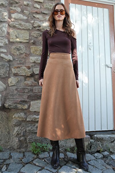 VAGGON Fusta midi cu croială largă din piele intoarsa maro pentru femei Vs01214