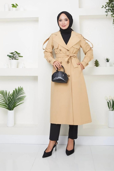 Nevayla Moda Double Breasted Collar Bondit Fabric Trench Coat / M0106 - Camel