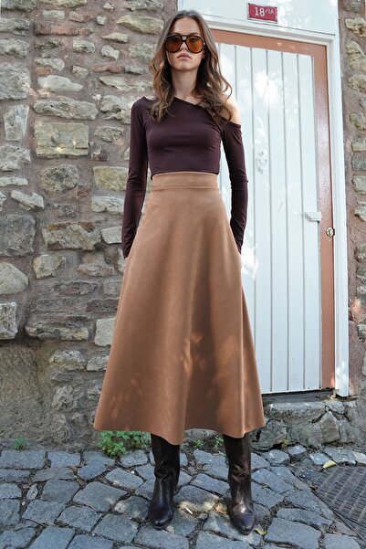 VAGGON Fusta midi lată croială pentru femei, din piele intoarsa, texturata, cu talie elastica Vs01214