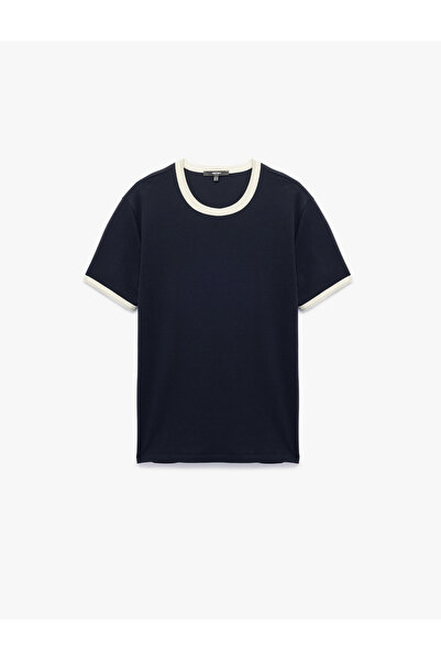 Koton Kısa Kollu Bisiklet Yaka Tok Kumaş Renk Kontrastlı Pamuklu Slim Fit Tişört