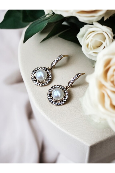 FAYRA ACCESSORIES Kristal Taşlı Yuvarlak Inci Küpe