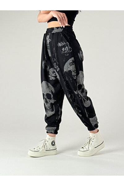 COCOPELLI Skull Patterned Women's Pleated Jogger Pants