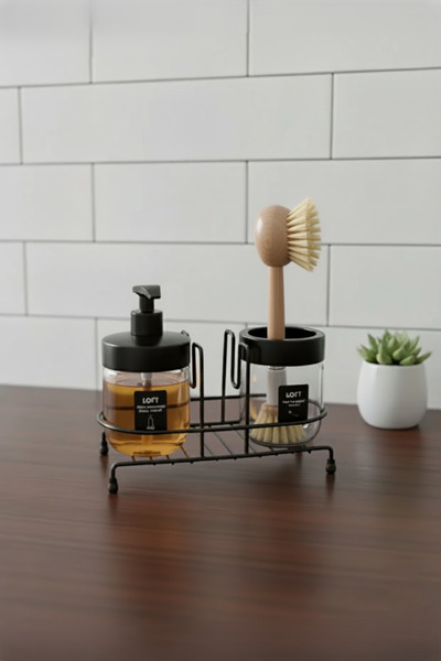 NTC METAL Glass Liquid Soap Dispenser and Brush Holder with Black Pump and Stand