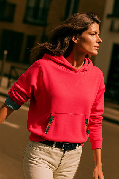 GZ Design Renkli Işlemeli Neon Pembe Renk Oversize Kapüşonlu Sweatshirt