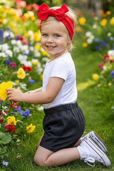 Parla Kids Kız Çocuk Lacivert Jean Şort Dev Fiyonk Bandana Takım