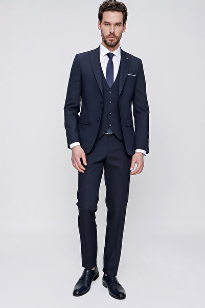 Morven Lacivert Yelekli Jakarlı Slim Fit Dar Kesim 6 Drop Erkek Takım Elbise