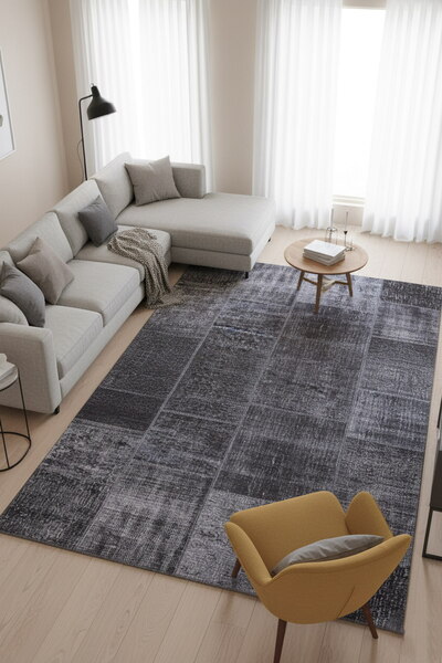 ARTLOOP Jazz Patchwork Desenli Dokuma Taban Dekoratif Siyah Halı AL 81