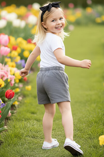 Parla Kids Kız Çocuk Gri Jean Şort Dev Fiyonk Bandana Takım