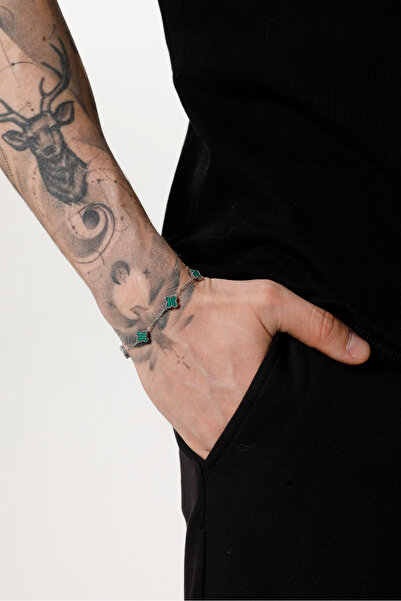 Fjellor Unisex Silver Green Medium Size Figured Design Steel Bracelet