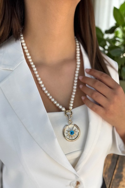 Utku Kuyumculuk 14 AYAR ÖZEL TASARIM GÖZ KOLYE UCU VE İNCİ TASARIM ALTIN KOLYE